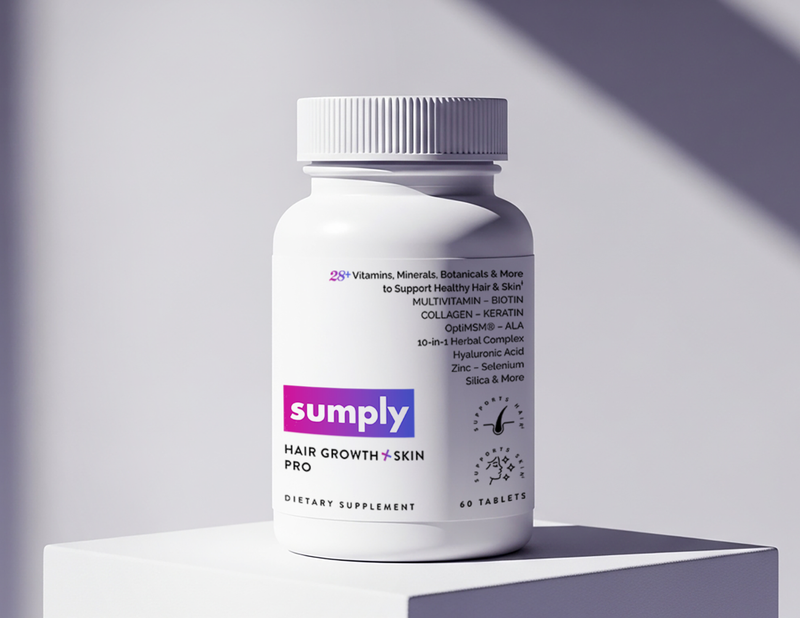 sumply hair growth and skin pro supplement tablets vitamins minerals botanicals herbal extracts biotin collagen keratin